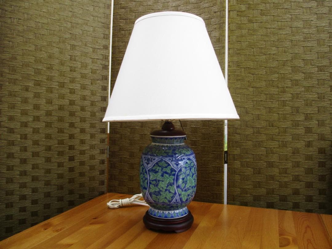 ★ 青華緑彩 陶器 木製 電気 スタンド ランプ 照明 ライト 電球 大型 花柄
