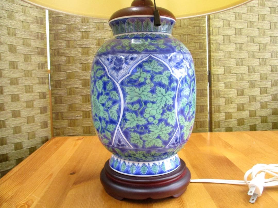 ★ 青華緑彩 陶器 木製 電気 スタンド ランプ 照明 ライト 電球 大型 花柄