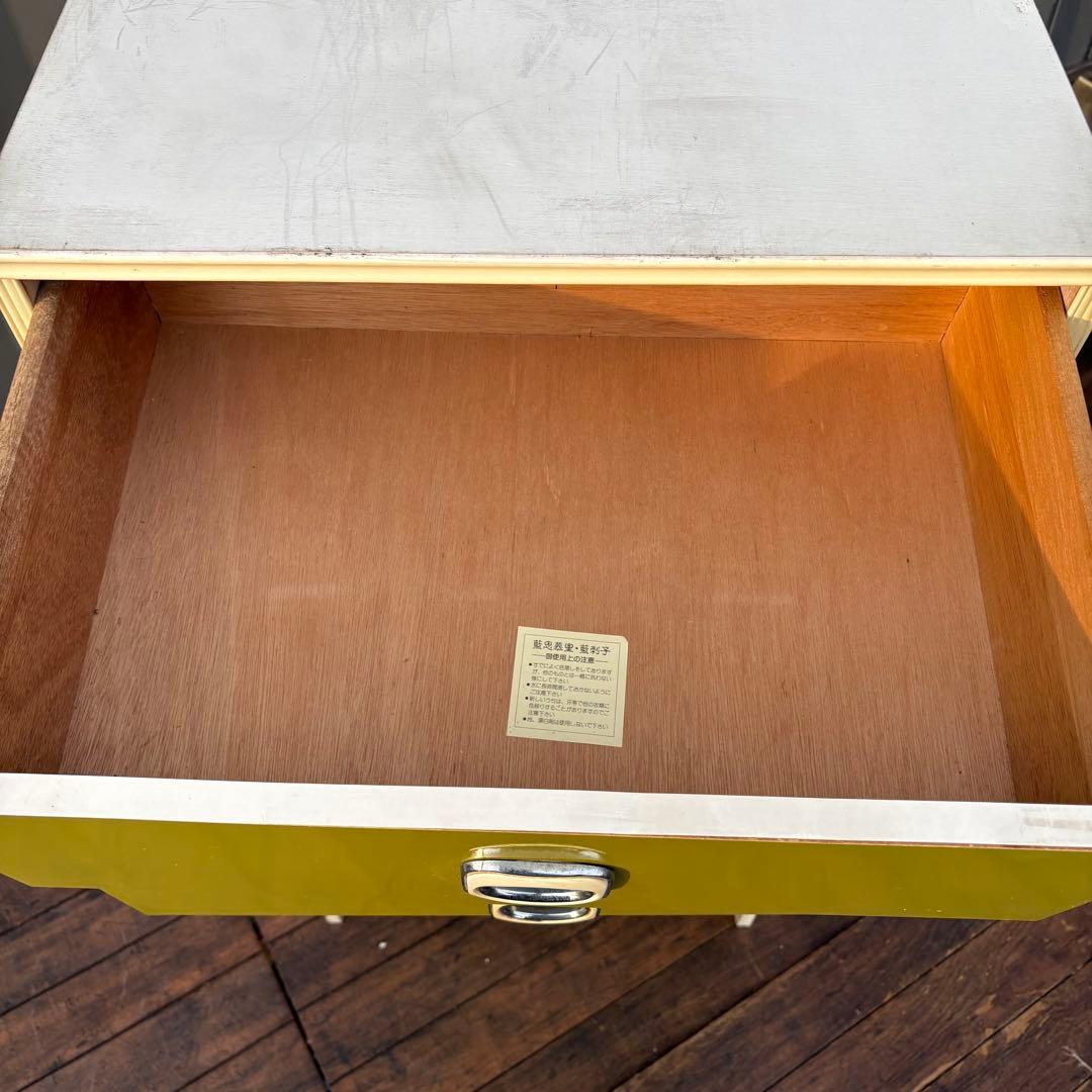 昭和レトロ レトロポップ 木製チェスト 丸型取っ手金具 6段 オリーブグリーン