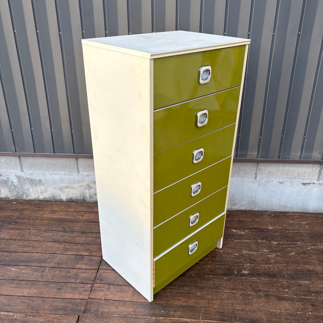 昭和レトロ レトロポップ 木製チェスト 丸型取っ手金具 6段 オリーブグリーン