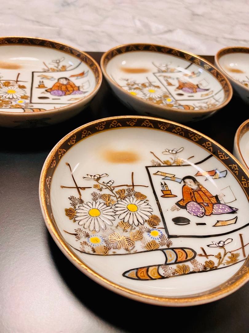 九谷焼 古久谷 手塩皿　銘々皿 7枚 新品 金彩手描き　戦前