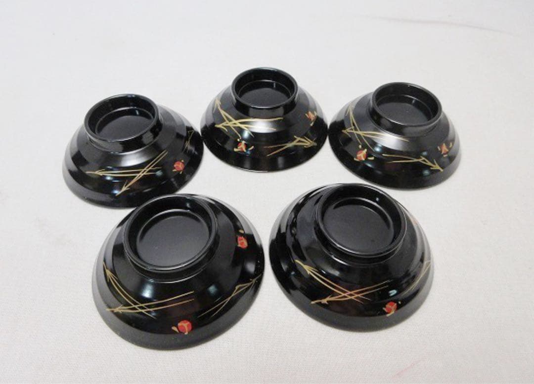 ほぼ未使用 懐石道具 黒塗 金彩蒔絵 箸洗5客揃 小吸物椀 汁椀 共箱