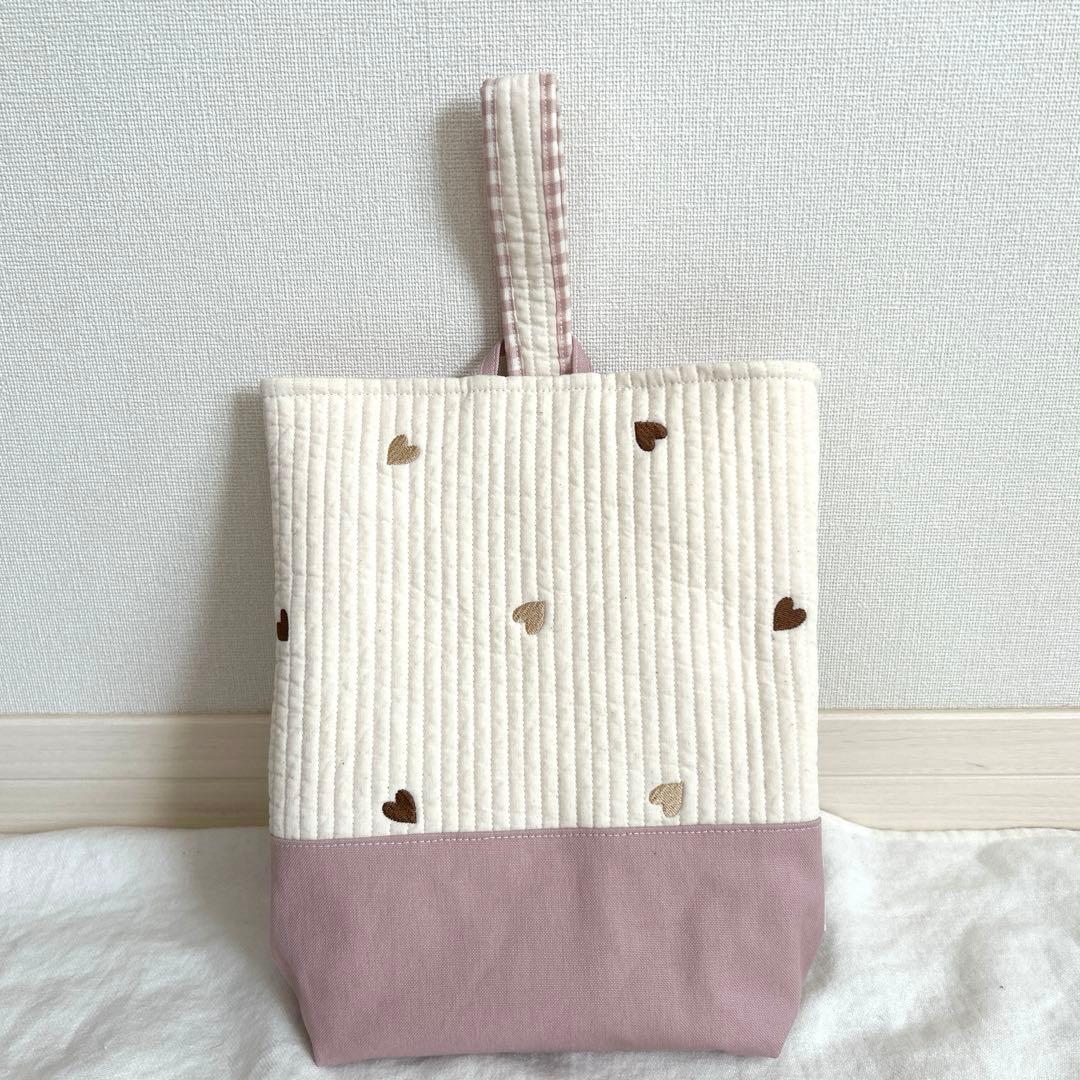 入園入学3点セット　【白地ベージュハートヌビ×くすみピンク】　3点セット　女の子