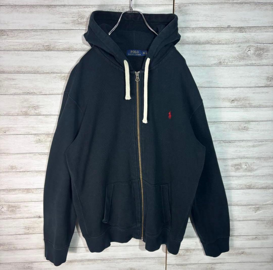 ポロラルフローレン　裏サーマル ジップパーカー 刺繍ロゴ XXL ブラック