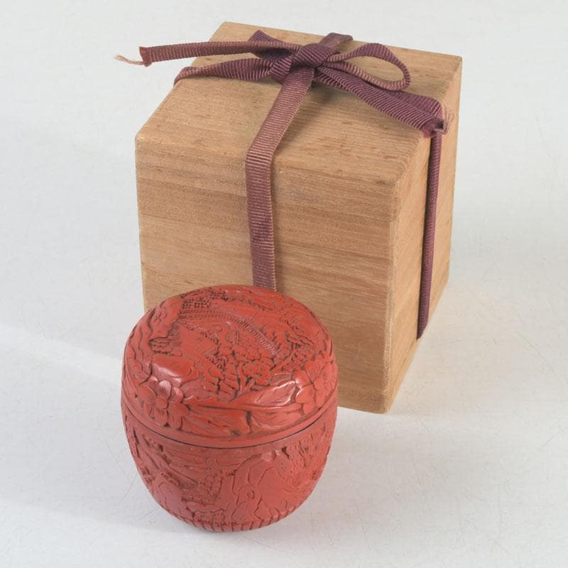 中国　剔紅　堆朱　花草山水刻　棗　時代箱　V　9767