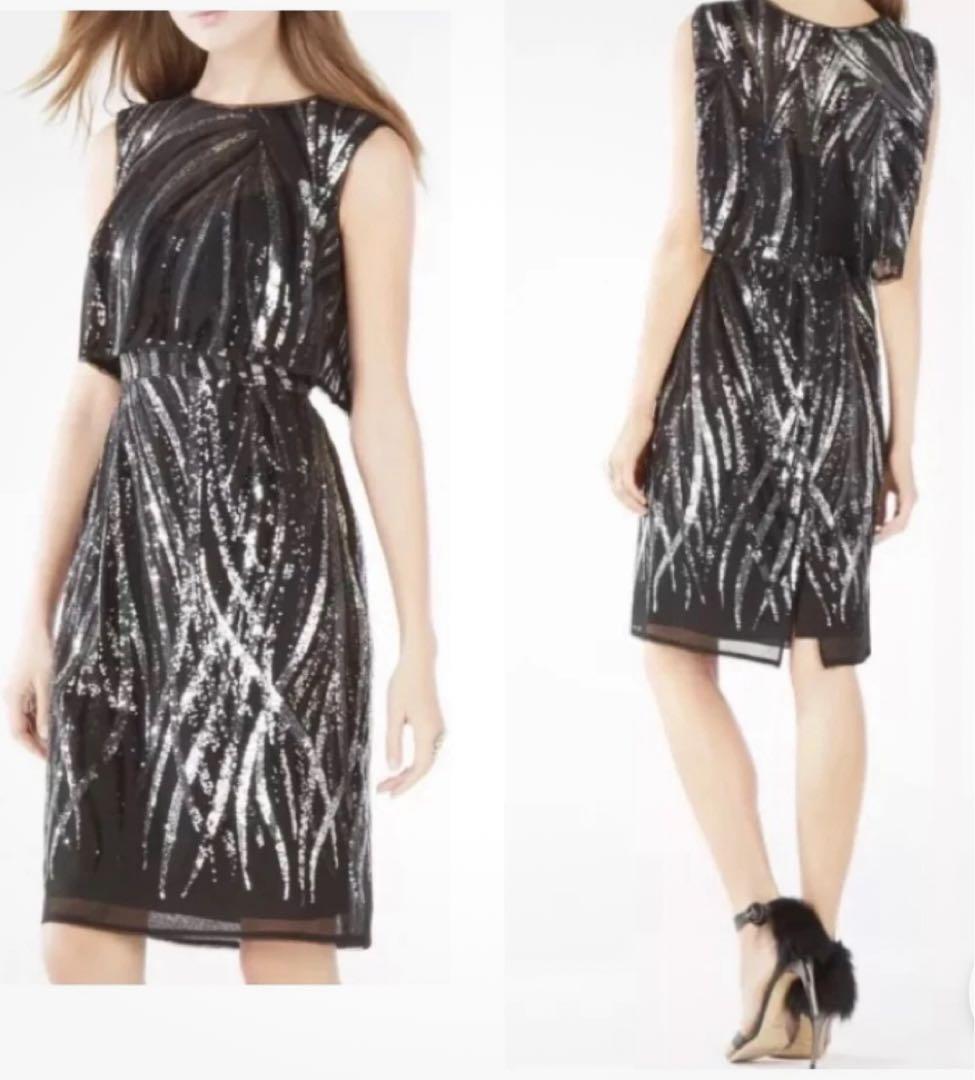 BCBGMaxAzriaチャコール スパンコール オーバーレイ パーティードレス