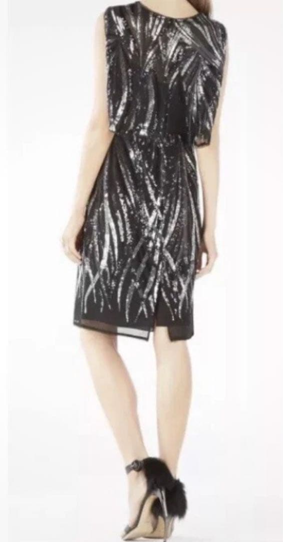 BCBGMaxAzriaチャコール スパンコール オーバーレイ パーティードレス