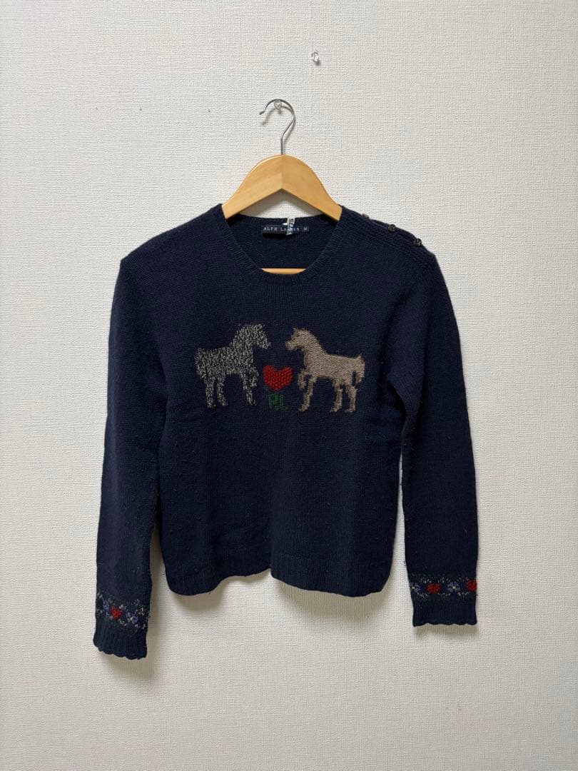 ラルフローレン カシミヤ混 ニット 肩ボタン 馬柄 ネイビー M クリーニング済