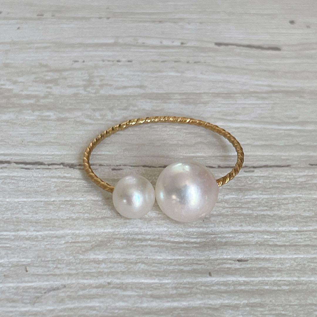 047 ダブルパール　ワイヤーリング　14kgf フリーサイズゴールド11号以上