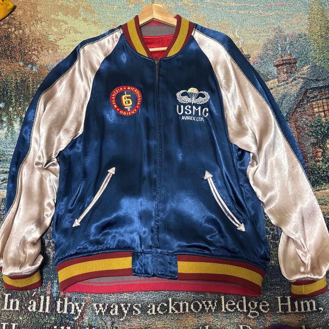 AVIREX スカジャン USMC 刺繍 ベロア調 ネイビー×レッド XLサイズ