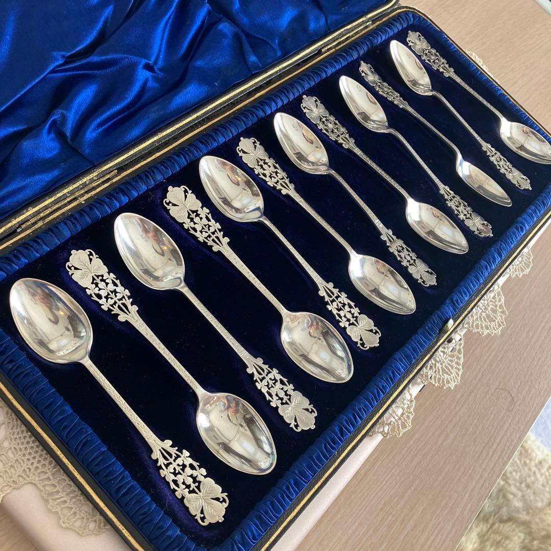 英国アンティーク　純銀　バーナード　クローバーピアススプーンセット12本