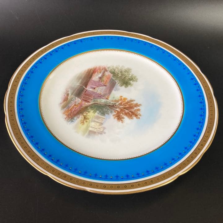 ミントン　ターコイズブルー　風景絵図飾皿　エナメル七宝金彩 金盛 プレート　大皿