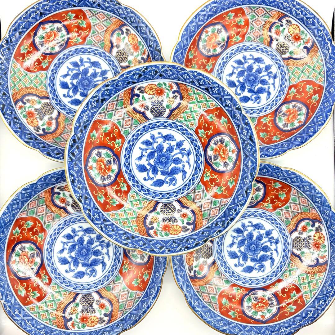 有田焼　明宝窯　中皿　5枚セット　金彩色絵　間取花紋　銘々皿　染錦　古伊万里意匠