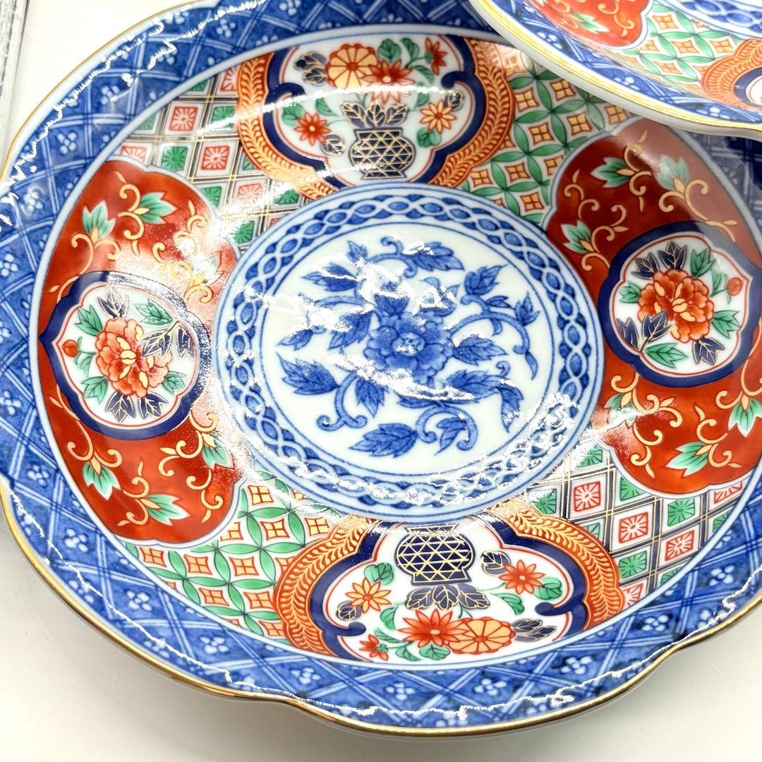 有田焼　明宝窯　中皿　5枚セット　金彩色絵　間取花紋　銘々皿　染錦　古伊万里意匠