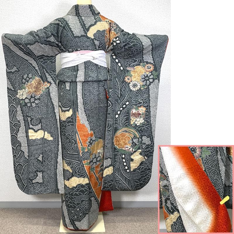 411z11〇総絞り 振袖 金彩 熨斗 菊 牡丹 深緑 オレンジ〇成人式 結婚式