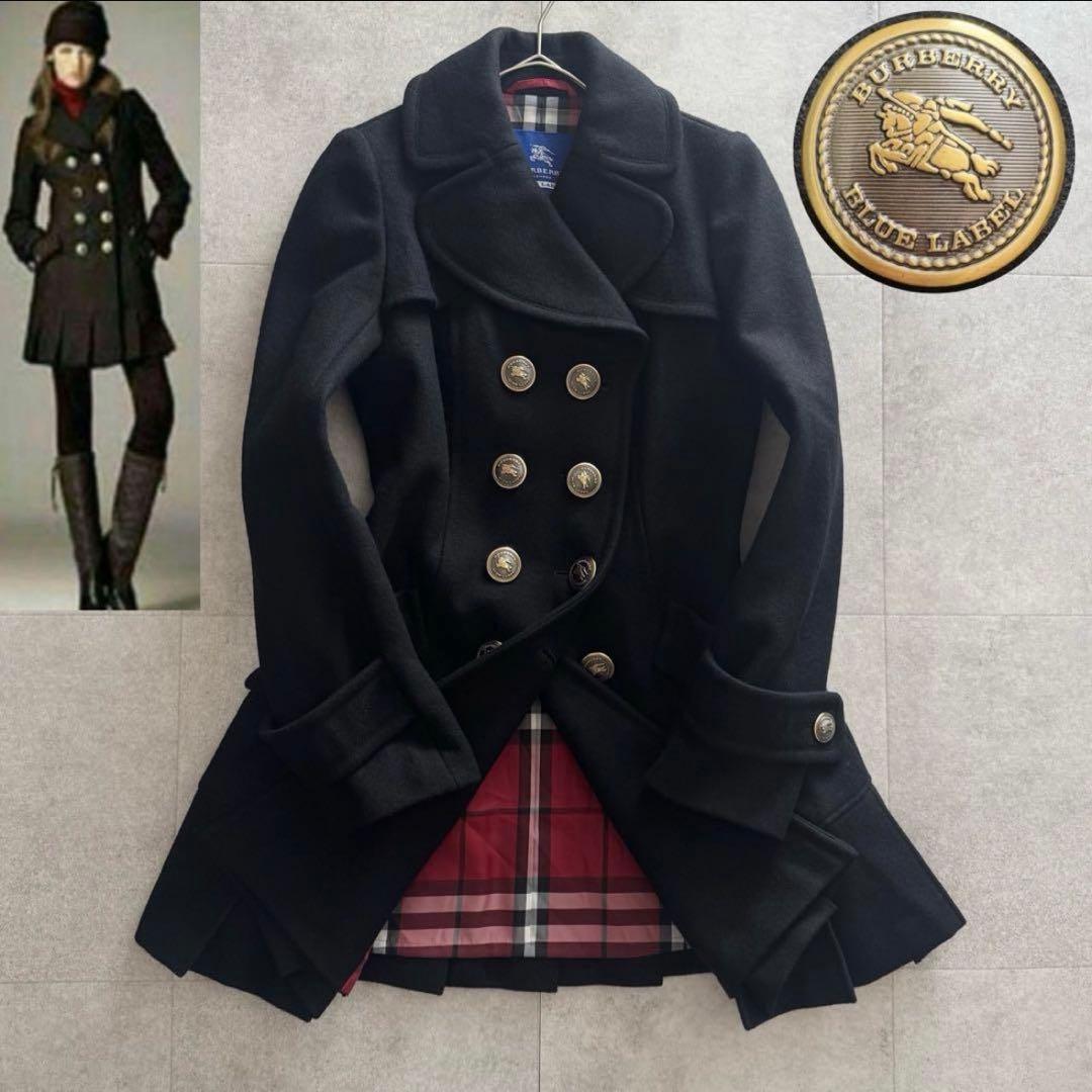 バーバリーブルーレーベル　ロングコート　金ボタン　黒　36 ノバチェック　ダブル