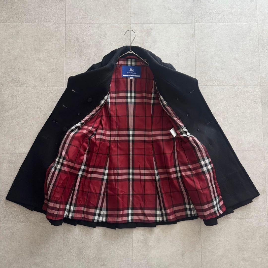 バーバリーブルーレーベル　ロングコート　金ボタン　黒　36 ノバチェック　ダブル