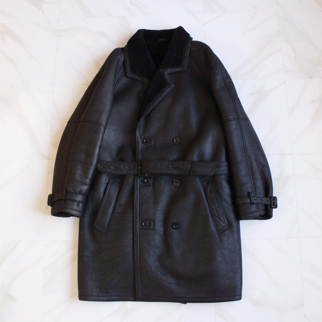 リアルムートンコート ダブル ベルト ブラック 羊革 ボア