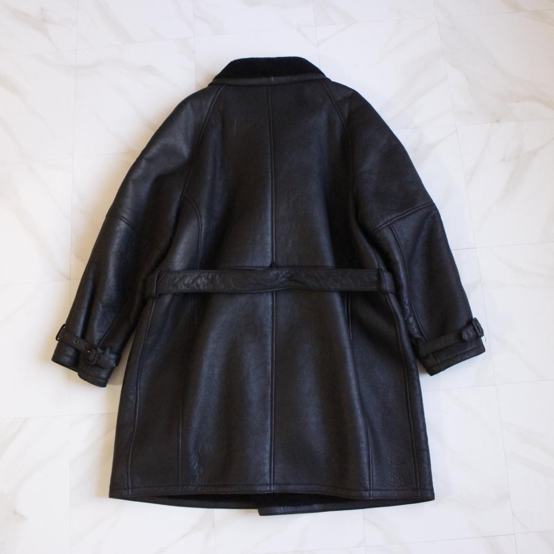 リアルムートンコート ダブル ベルト ブラック 羊革 ボア