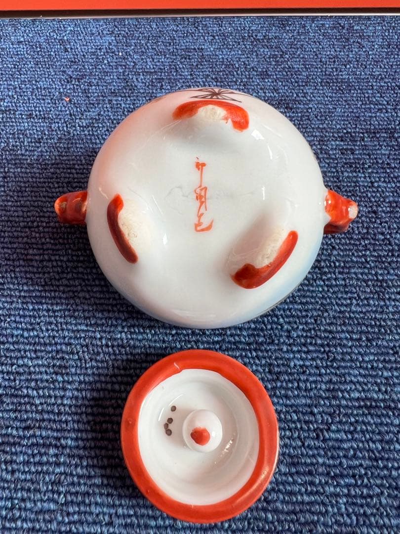 1381 明治期　九谷焼　赤絵人物風景図　シュガーポット　時代物