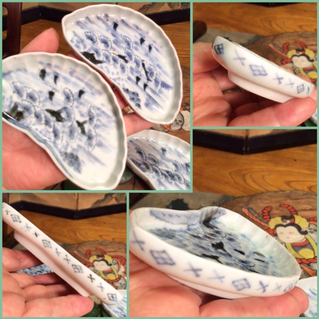 A579 古伊万里　染付　柿右衛門『渦福』松に帆掛船紋様　変形　小皿5枚（箱付）