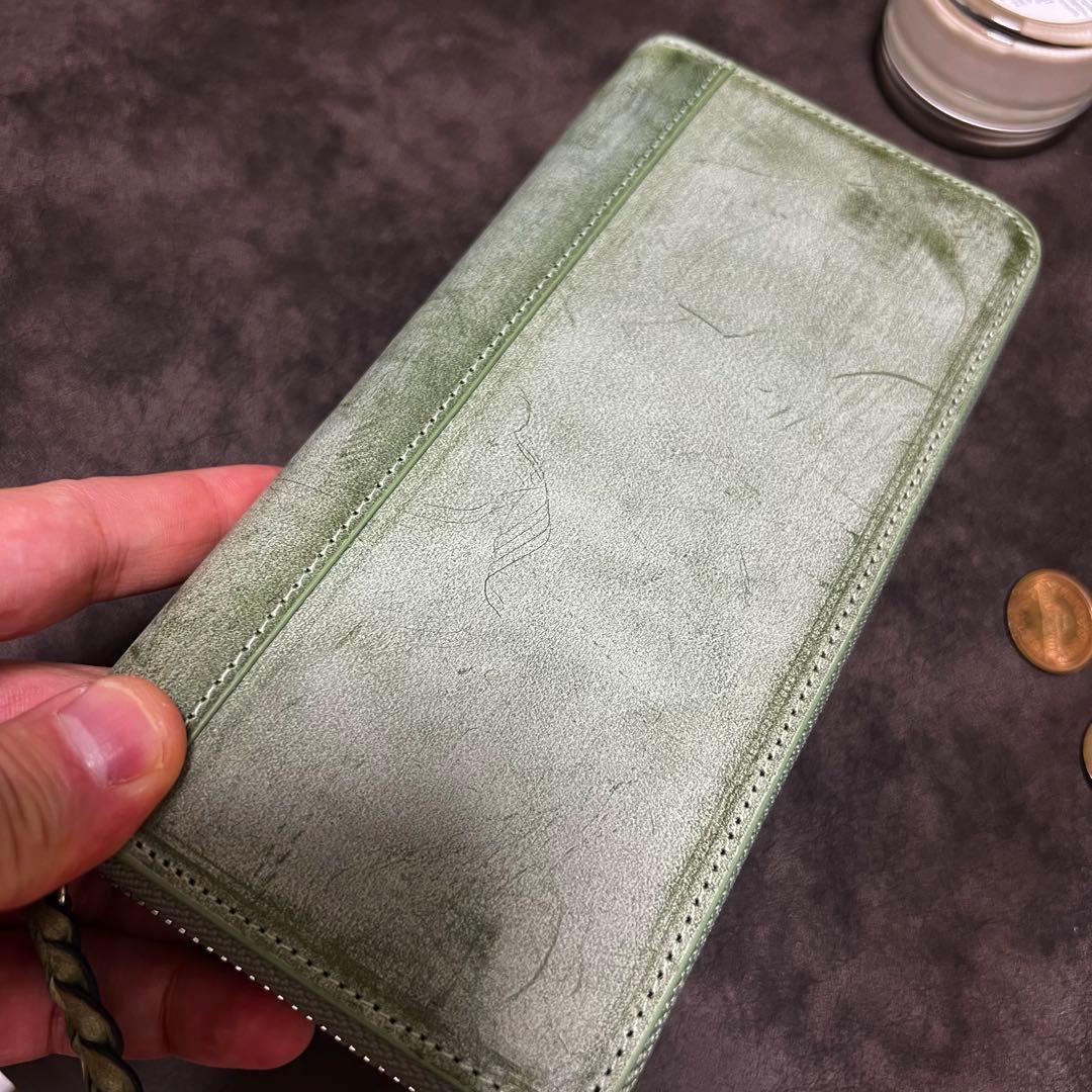 新作品 グリーン系　緑　ハンドメイド ブライドレザー ヌメ革本革 メンズ&長財布