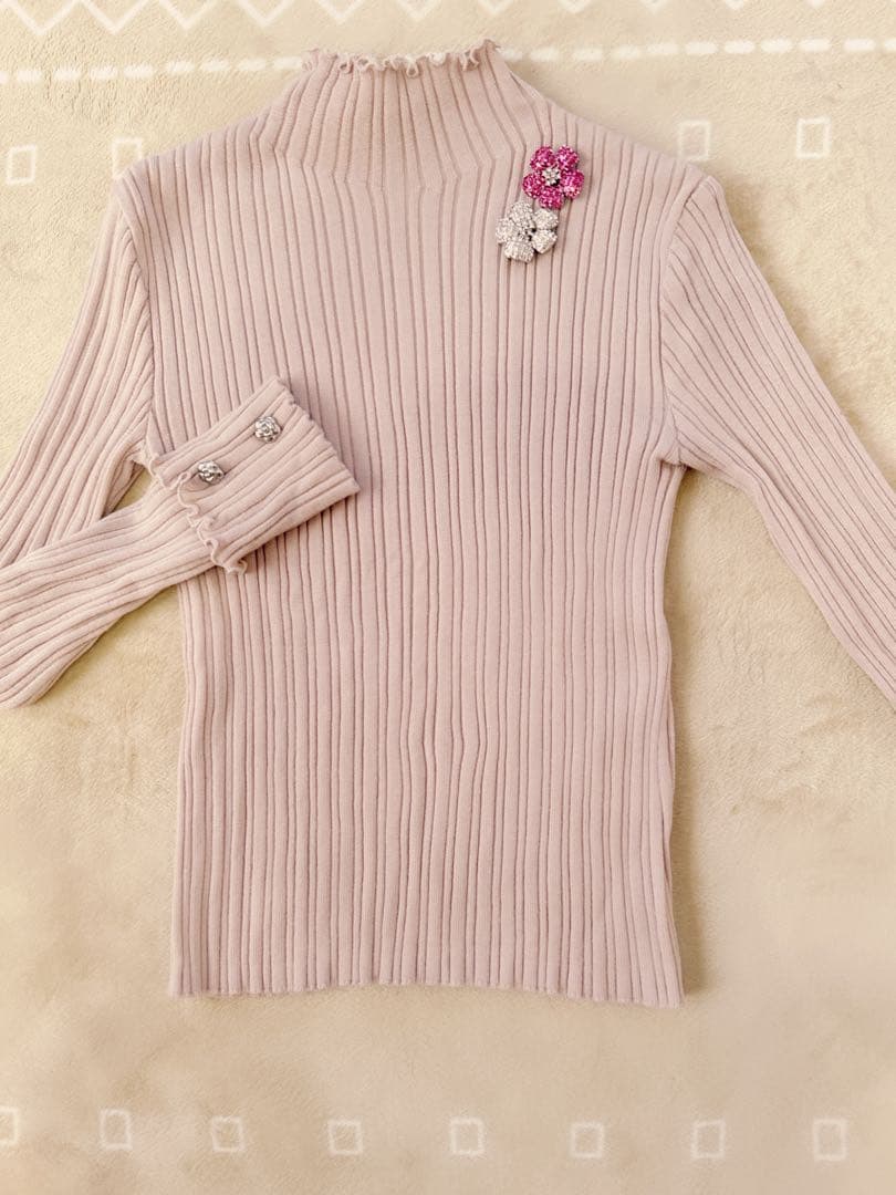 Rene ルネ フリルネック ニット プルオーバー 34 ピンクベージュ