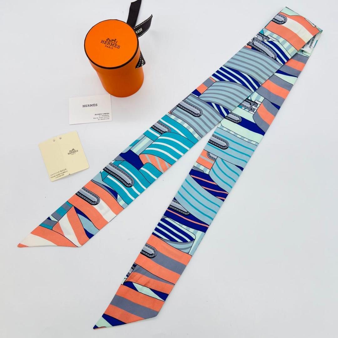 HERMES エルメス ツイリー スカーフ ブルー系 シルク