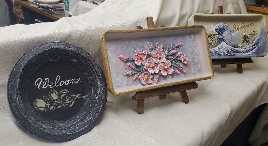 手描きアートウェルカムボード(桜・富嶽＆風雷神・チューリップ)お買い得3点セット