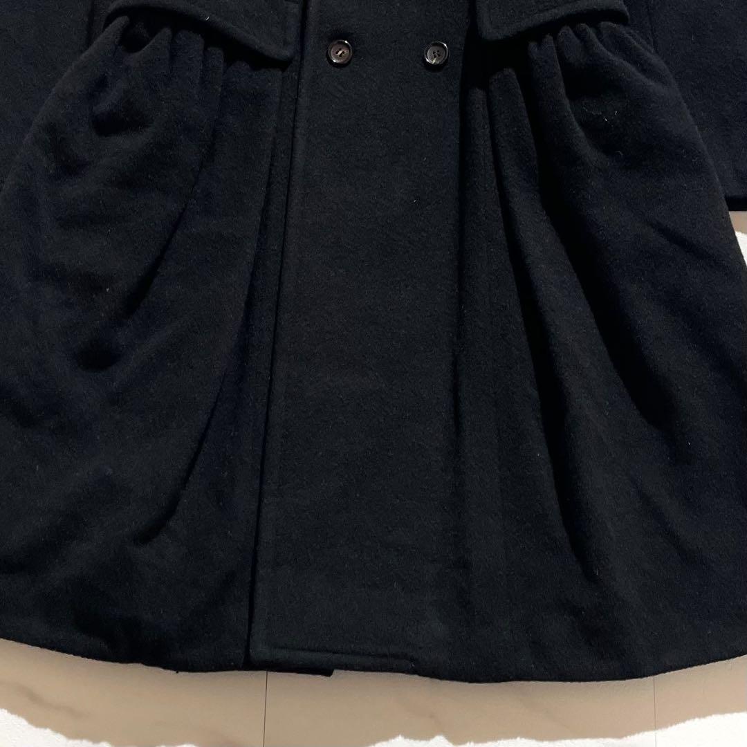 【美品】コムコム ロングコート ギャザー 丸襟 フレア ウール 黒 アーカイブ