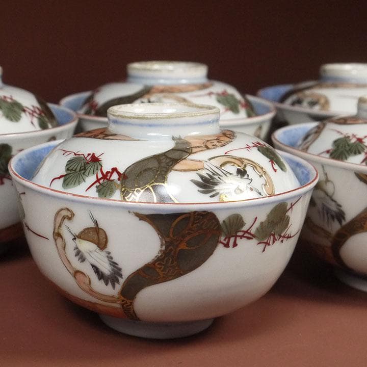 古伊万里 富長貴春 染付 金彩色絵 松鶴文 蓋付茶碗 5個セット　　ｍ353