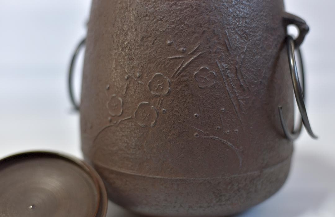 梅文筒型　茶釜【極上品】銅蓋　佐藤光男作　共箱　囲炉裏　茶道具