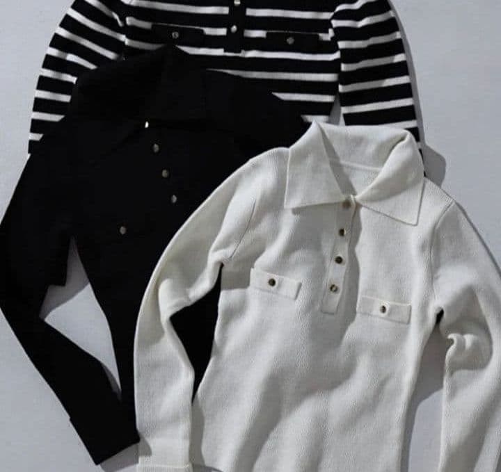 即発DIANTE Big collar gold button rib knit