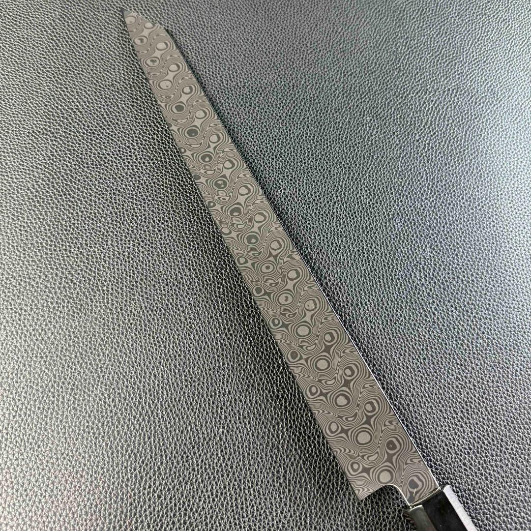 9599 新品 ダマスカス 切付包丁 尺 渦潮紋 105層 黒檀黒水牛角八角柄
