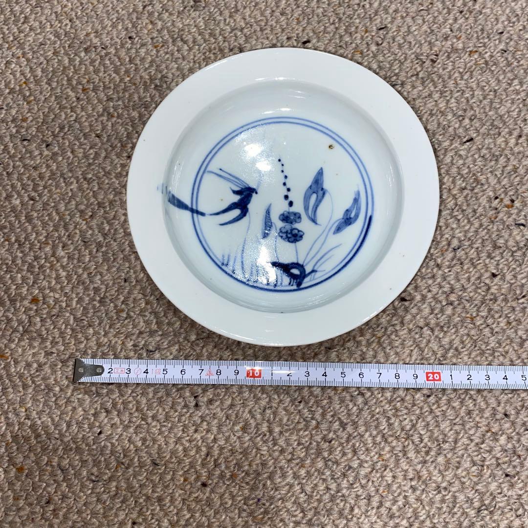 藍九谷　染付　蝶草花文　皿　江戸初期