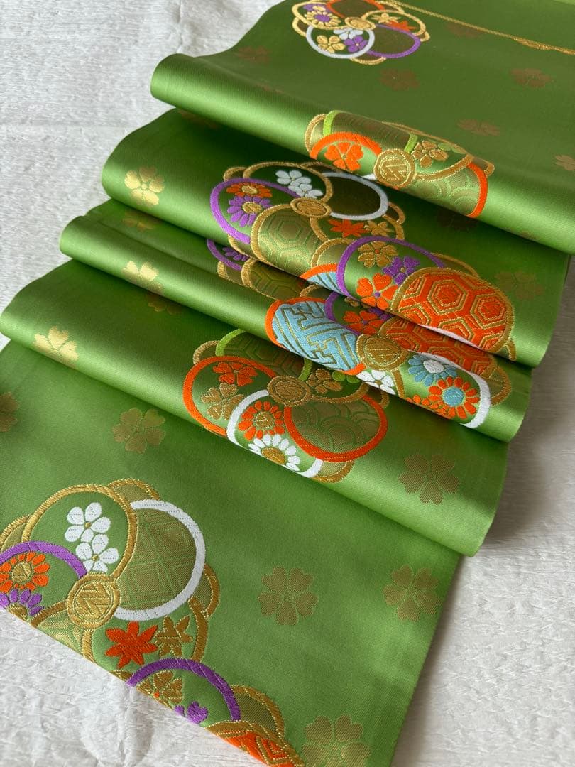 七五三に★逸品　西陣織　正絹ひわ色に捻り梅　袋帯　子供用　ジュニア