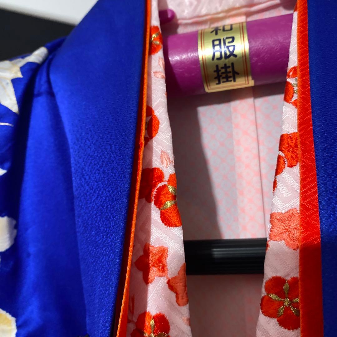 七五三　7歳　青　正絹　着物　このゆびとまれ