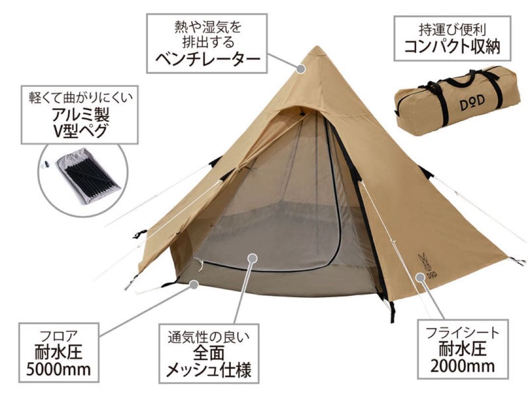 DOD ワンポールテントS、別売りグランドシート付属