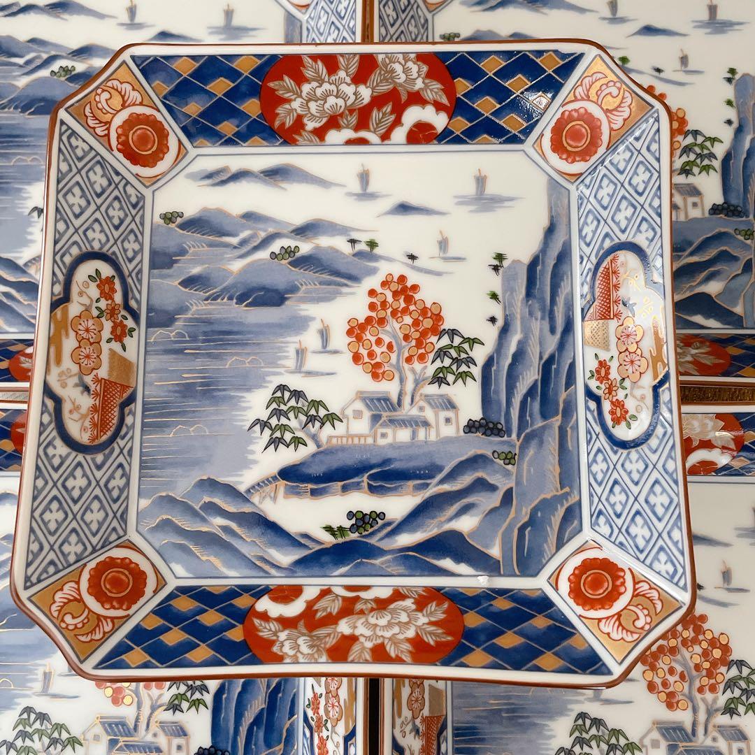 前畑陶器 庫山窯 金彩古伊万里 中皿揃 ５枚セット　角皿 染付山水 色絵 和食器