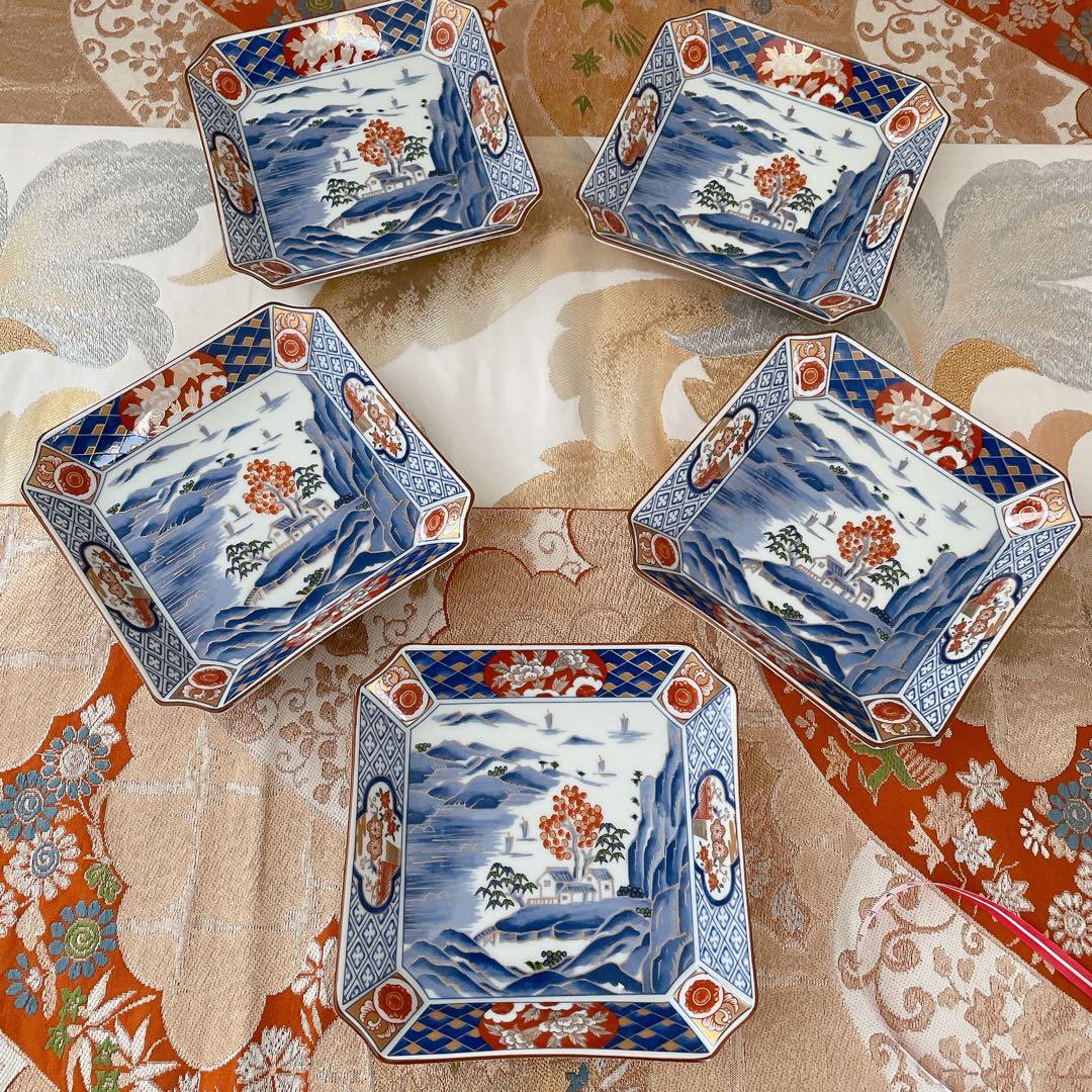 前畑陶器 庫山窯 金彩古伊万里 中皿揃 ５枚セット　角皿 染付山水 色絵 和食器
