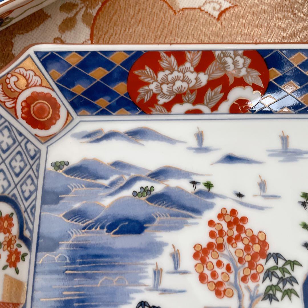 前畑陶器 庫山窯 金彩古伊万里 中皿揃 ５枚セット　角皿 染付山水 色絵 和食器