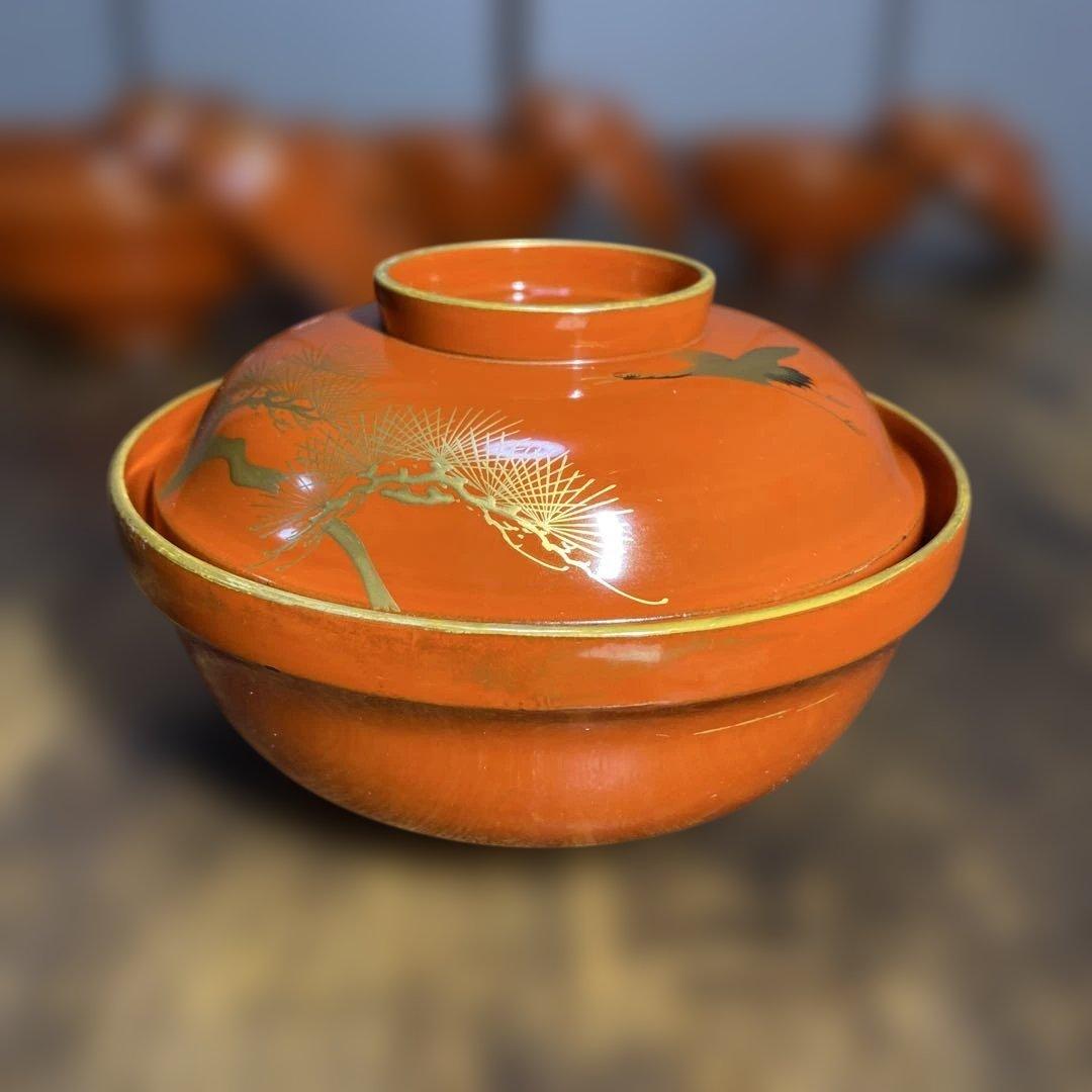 オレンジ色の金箔模様蓋つき煮物椀10個セット