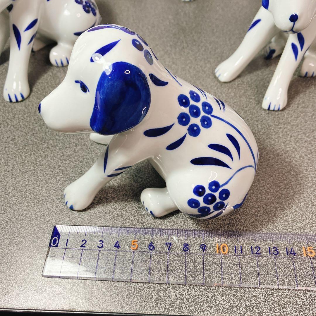 犬の兄弟 陶器 置物 青白 花柄 10体セット 表情違い 犬 ドッグ dog