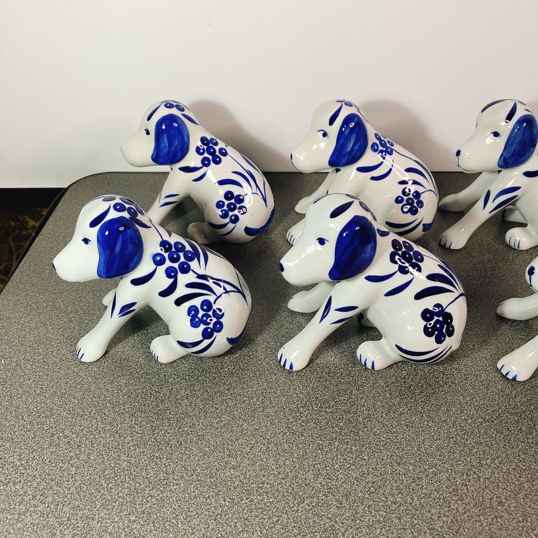犬の兄弟 陶器 置物 青白 花柄 10体セット 表情違い 犬 ドッグ dog