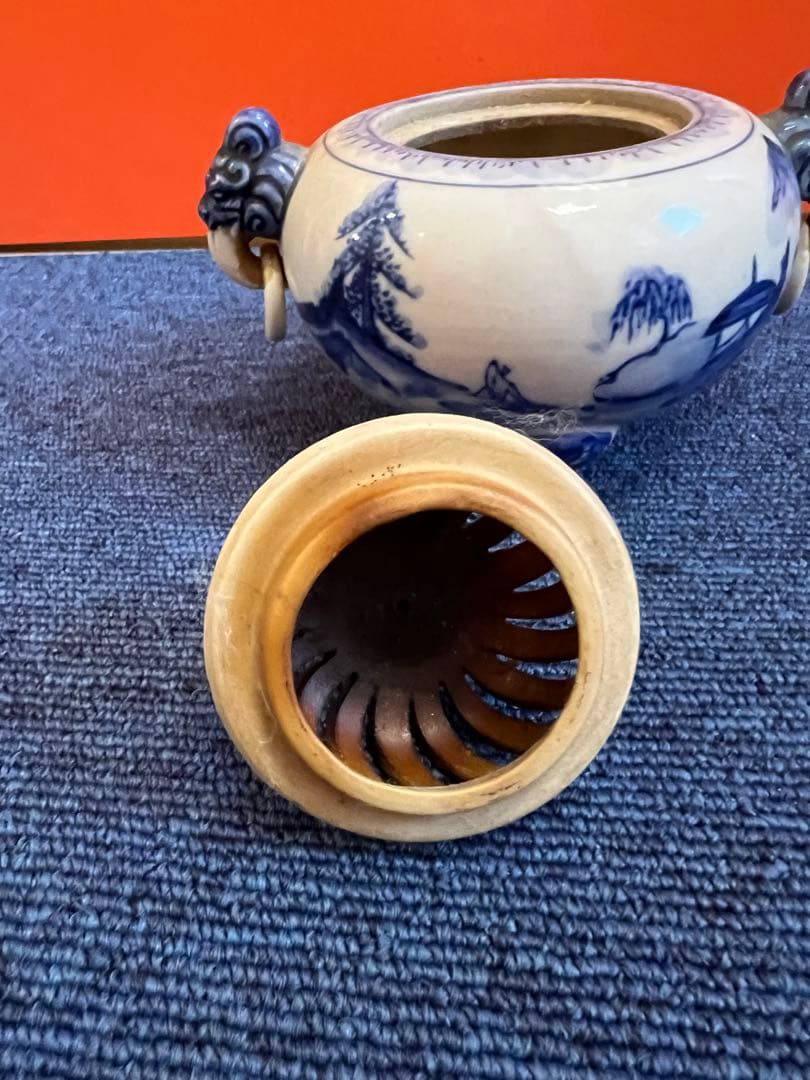 1414 九谷焼　染付風景　獅子香炉　時代物