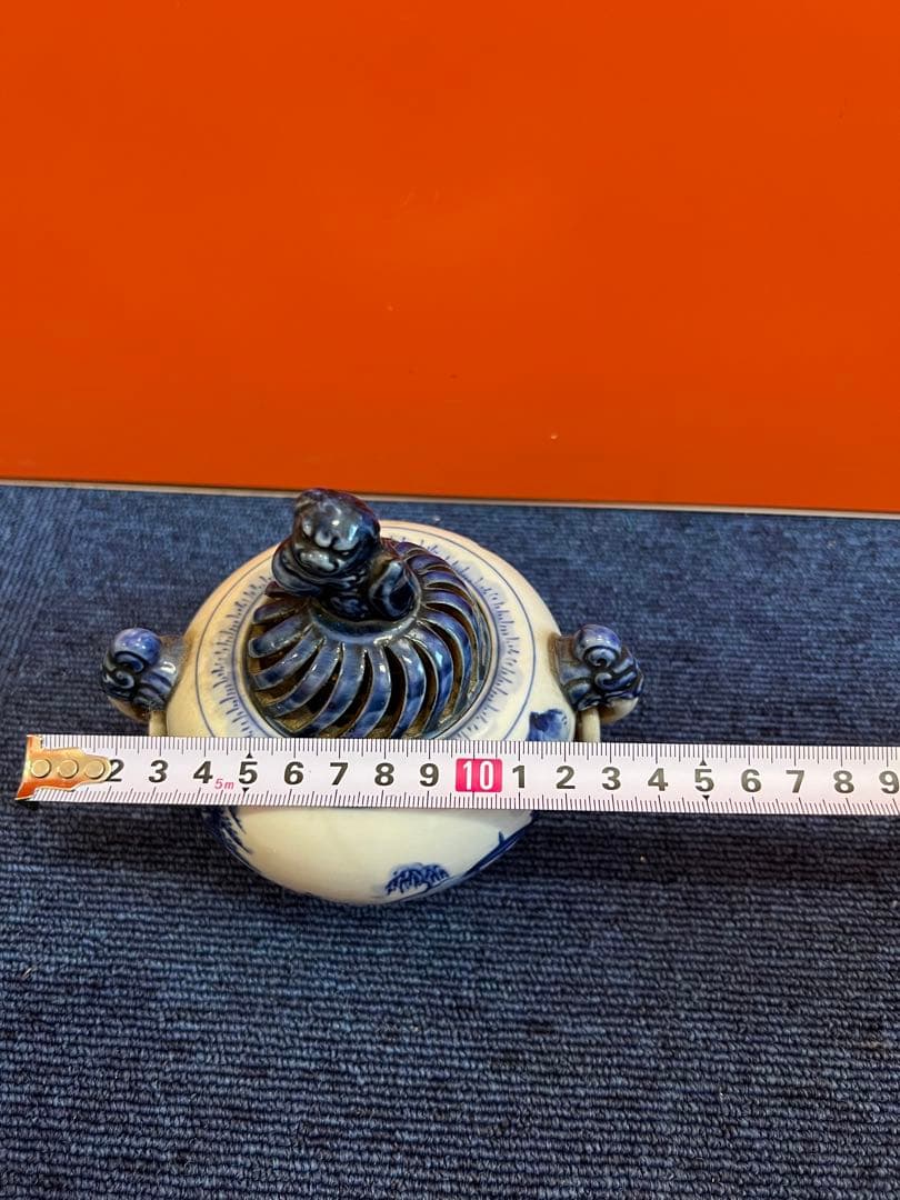 1414 九谷焼　染付風景　獅子香炉　時代物