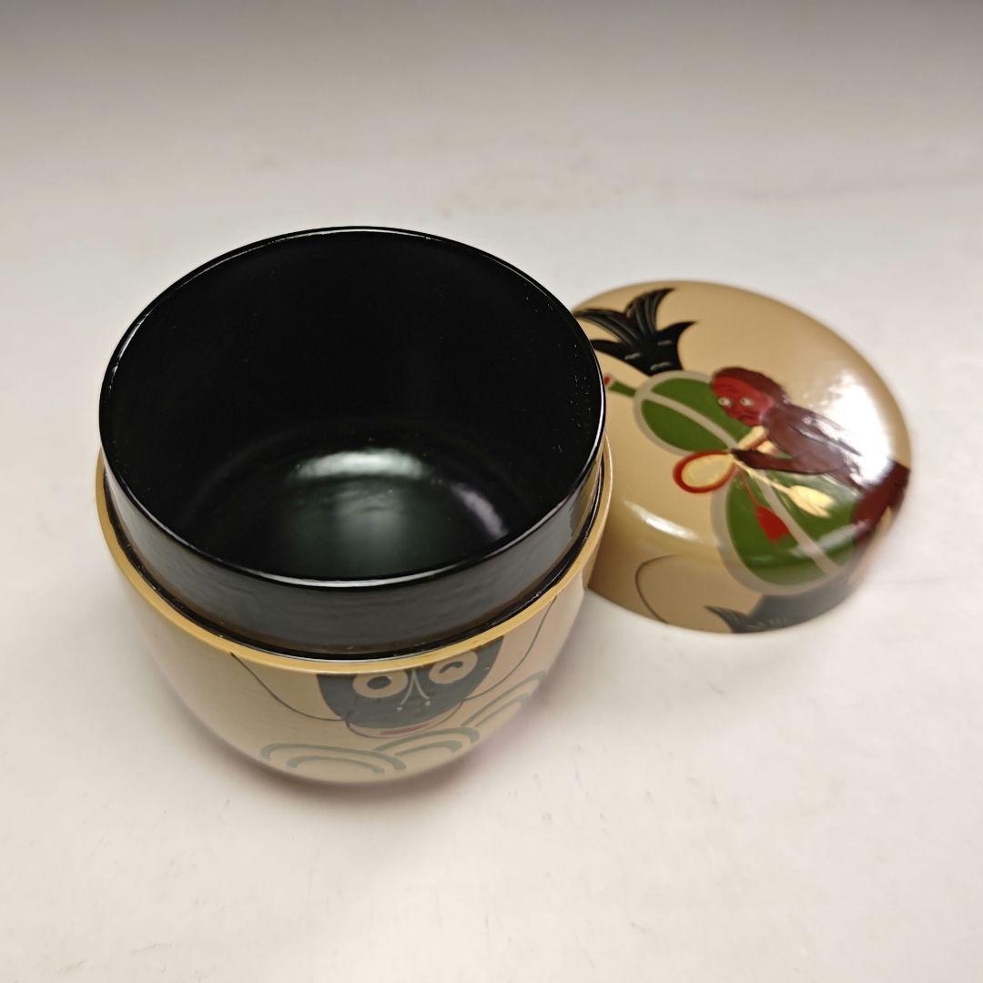 ウ211 棗『道場順一』『大津絵瓢箪鯰絵　白一閑塗　大棗　共箱』茶道具　茶器