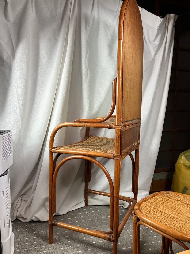 即購入不可　昭和レトロ×天然素材　籐製ミラー付きドレッサー＆スツールセット