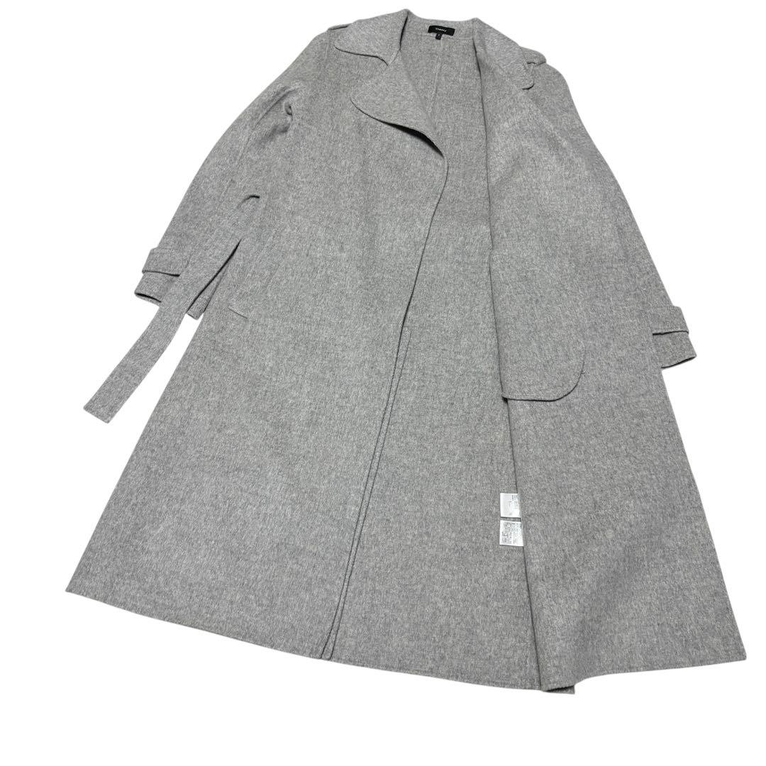 美品 セオリー ダブルフェイス ロングコート ベルト カシミヤ混 グレー M相当