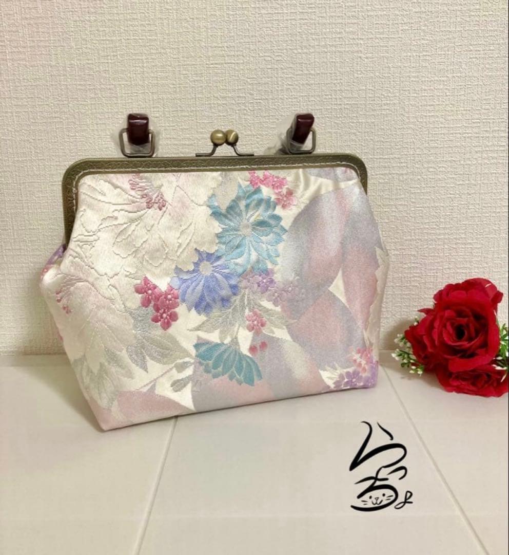 帯リメイク パステル 持ち手付きがま口バッグ